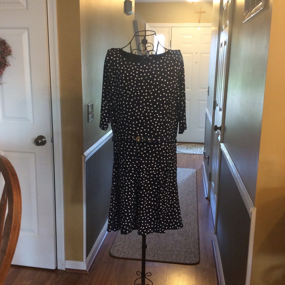 Navy and white polka dot dress.